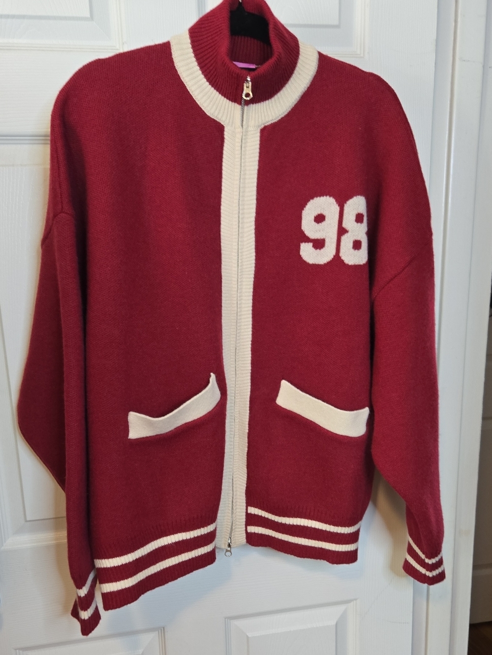 Edikted Red and Cream Full-Zip Jacket with '98 Very Oversized Heavy